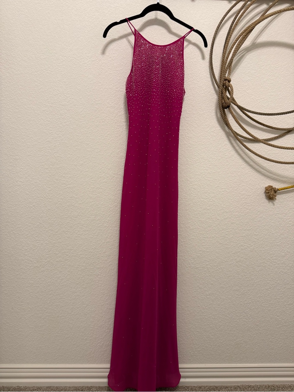 Vintage Y2K Chelsea Nites Magenta Hot Pink Beaded High Neck Dress Maxi 6